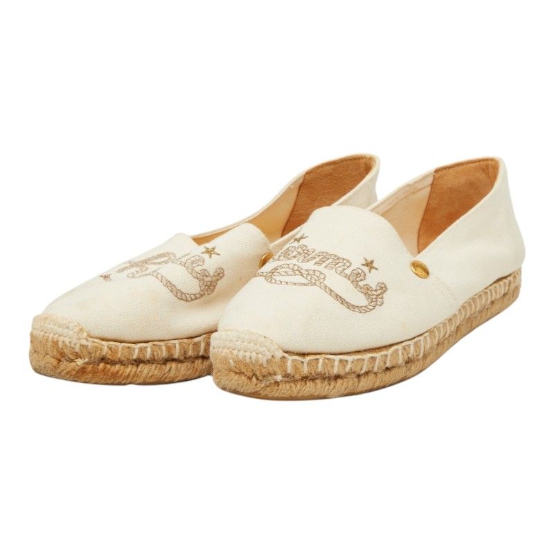 Hermes Logo Espadrilles Slip on Flat 37 Ivory Canvas