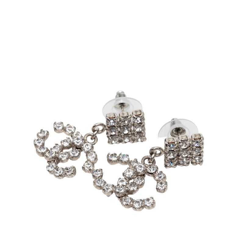 Chanel CC Logo Stud Earrings Swing Silver Metal Rhinestone