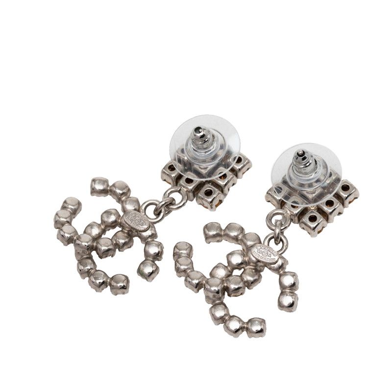 Chanel CC Logo Stud Earrings Swing Silver Metal Rhinestone — view 2