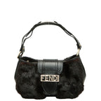 Fendi Mamma Baguette Logo Shoulder Bag Black Brown Leather