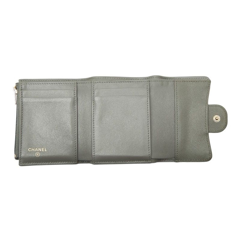 Chanel CC Logo Trifold Wallet Gray Caviar Leather — view 7