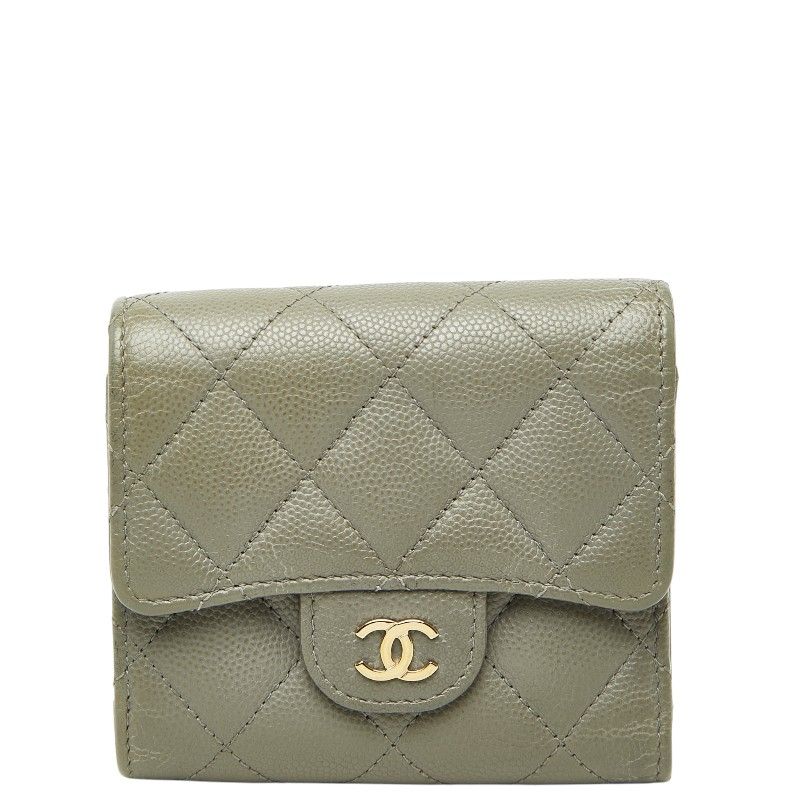 Chanel CC Logo Trifold Wallet Gray Caviar Leather