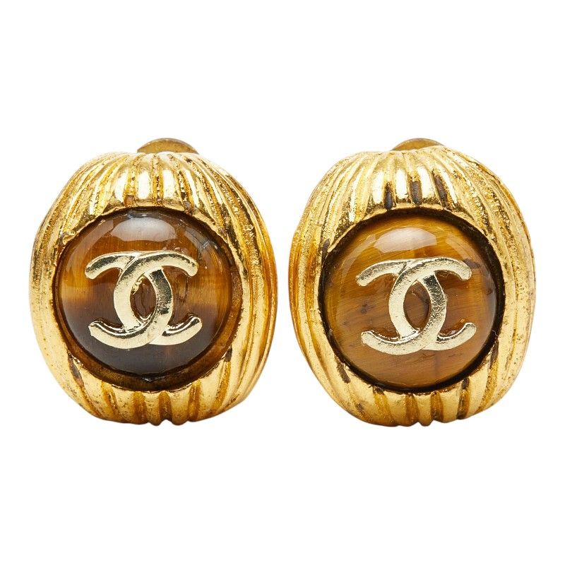 Chanel Vintage CC Logo Earrings Gold Plated Stone — view 2