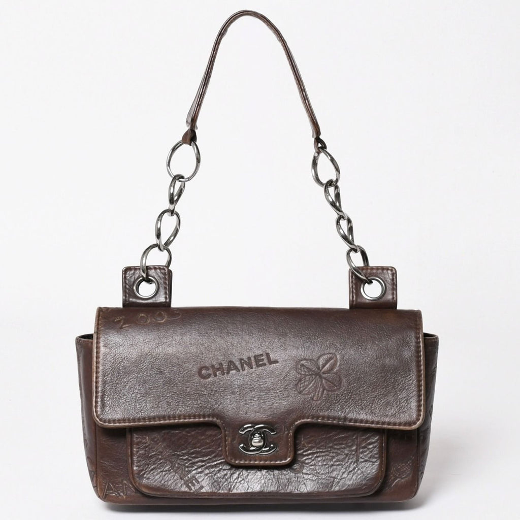 Chanel Chain Shoulder Bag Icon Motif Cruise Line Brown Silver