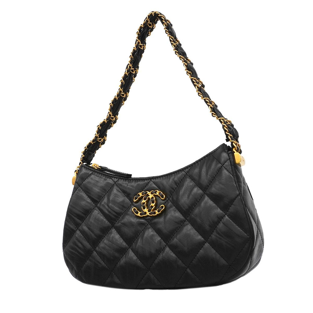 Chanel Shoulder Bag 19 Leather Black Gold