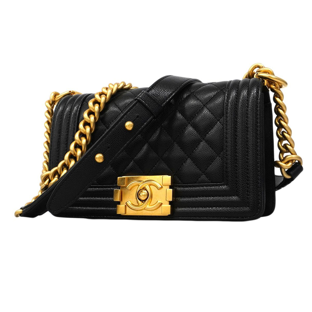 Chanel Shoulder Bag Boy Caviar Leather Black Gold