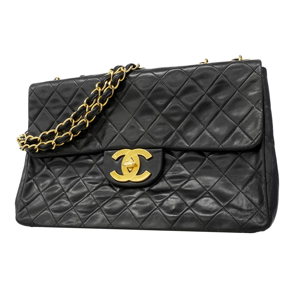 Chanel Shoulder Bag Deca Quilted Lambskin Black Gold