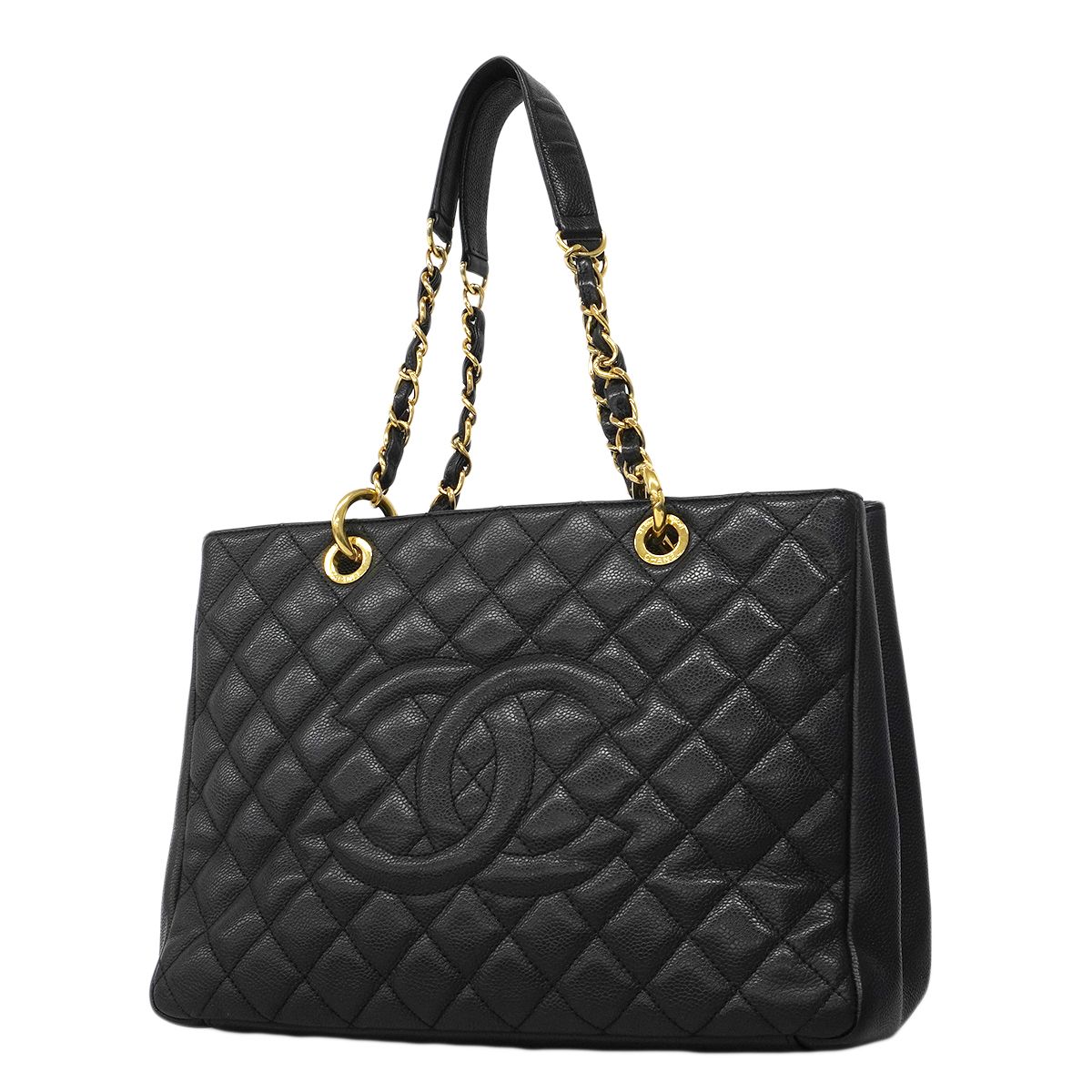 Chanel Chain Tote Quilted Caviar Leather Black Gold