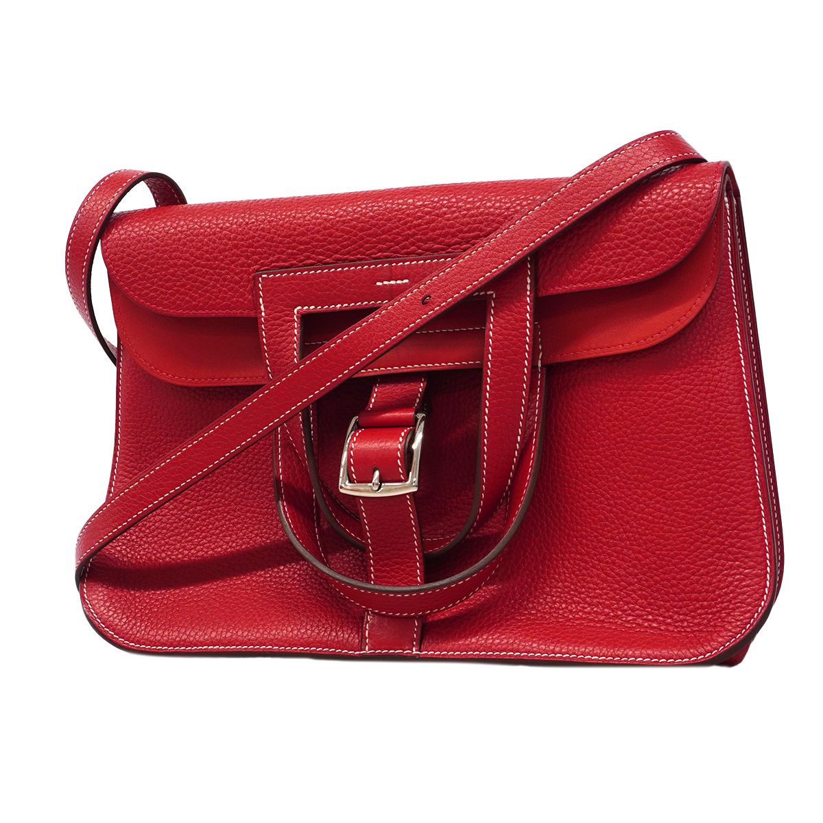 Hermes Handbag Halzan 31 Taurillon Clemence Rouge Casac Silver 2-Way