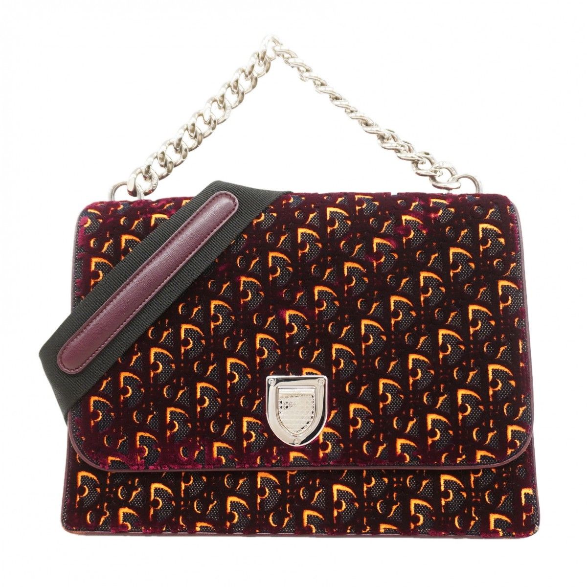 Dior Handbag Diorama Velvet Black Bordeaux Orange Silver 2-Way
