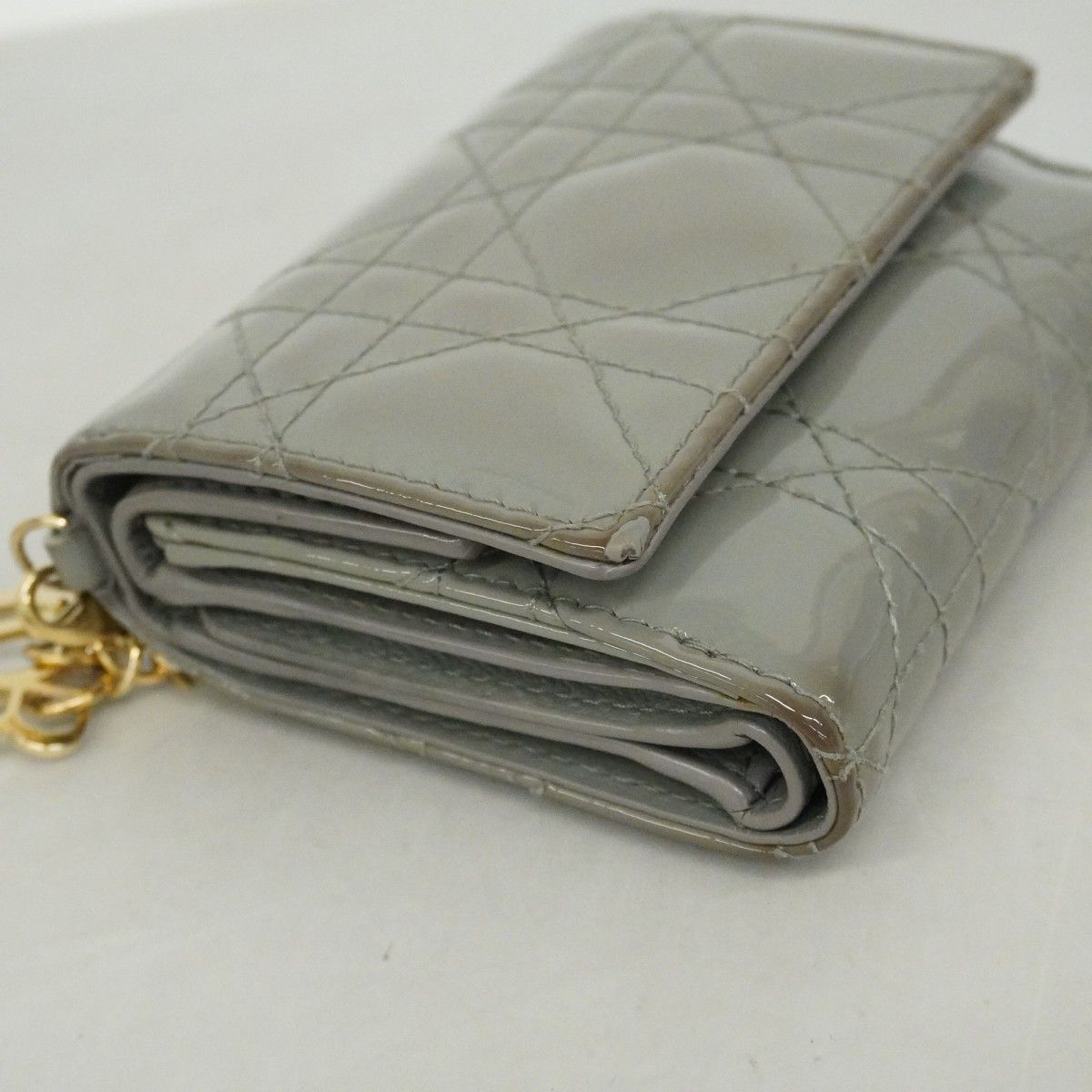 Dior Trifold Wallet Cannage Enamel Gray Champagne Gold — view 7