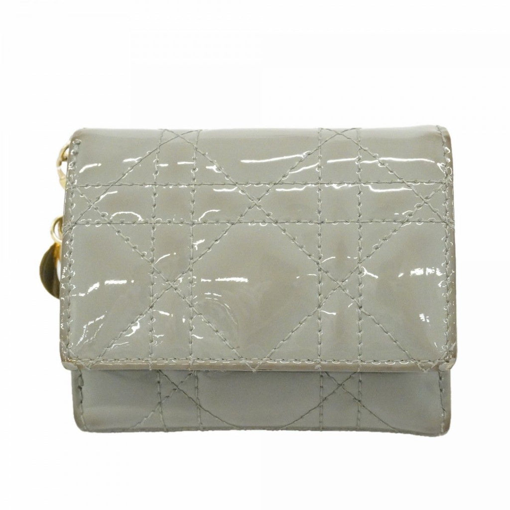 Dior Trifold Wallet Cannage Enamel Gray Champagne Gold