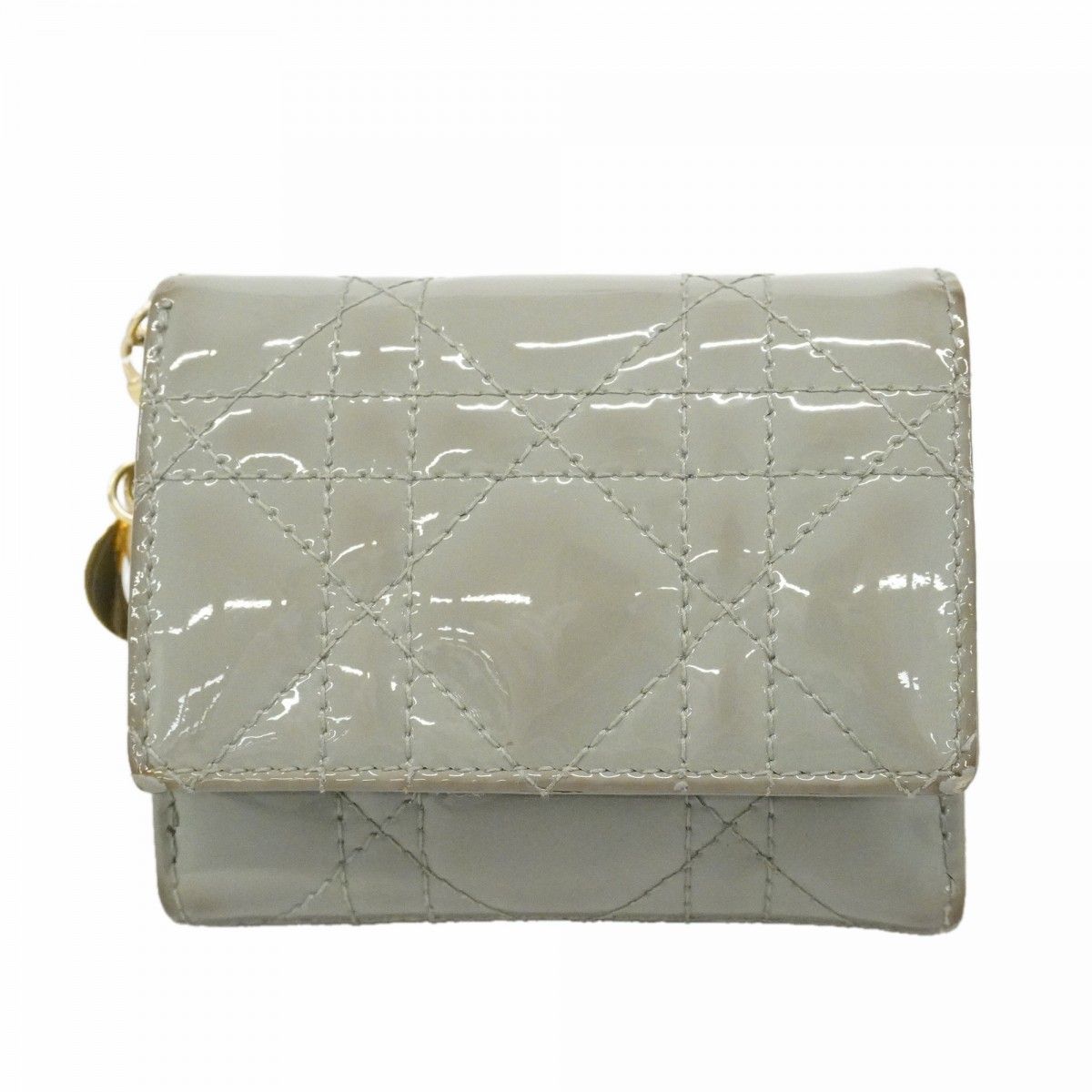 Dior Trifold Wallet Cannage Enamel Gray Champagne Gold