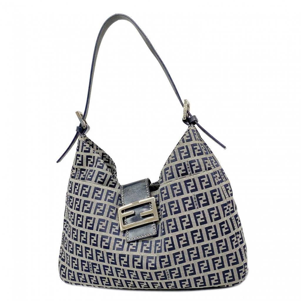 Fendi Shoulder Bag Zucchino Nylon Canvas Navy Silver