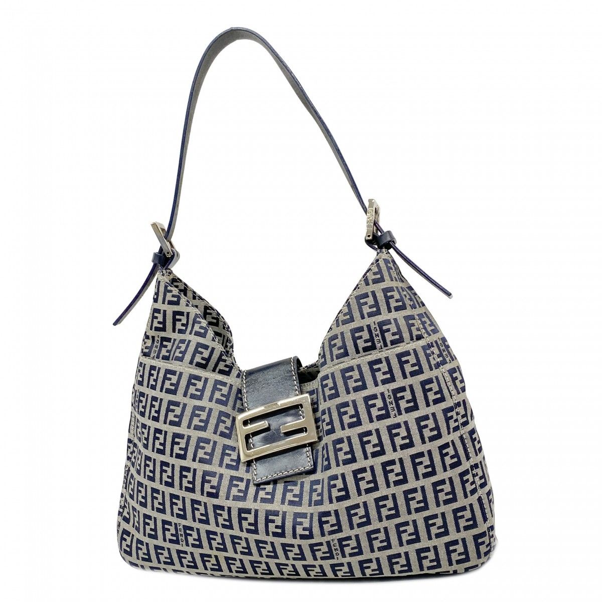 Fendi Shoulder Bag Zucchino Nylon Canvas Navy Silver