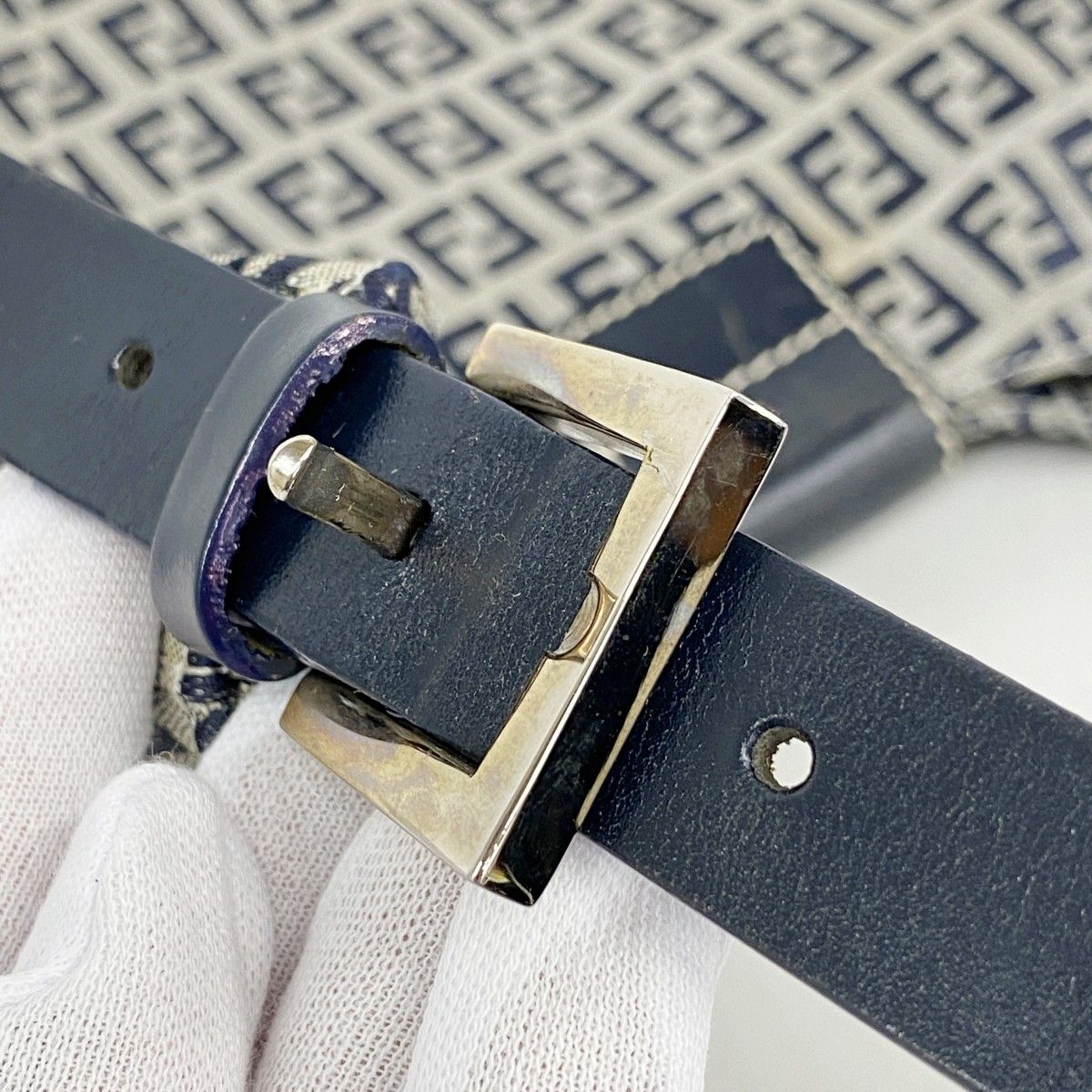 Fendi Shoulder Bag Zucchino Nylon Canvas Navy Silver — view 8