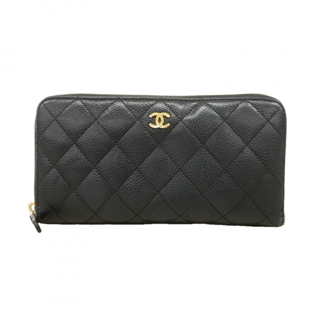 Chanel Wallet Quilted Caviar Leather Black Gold