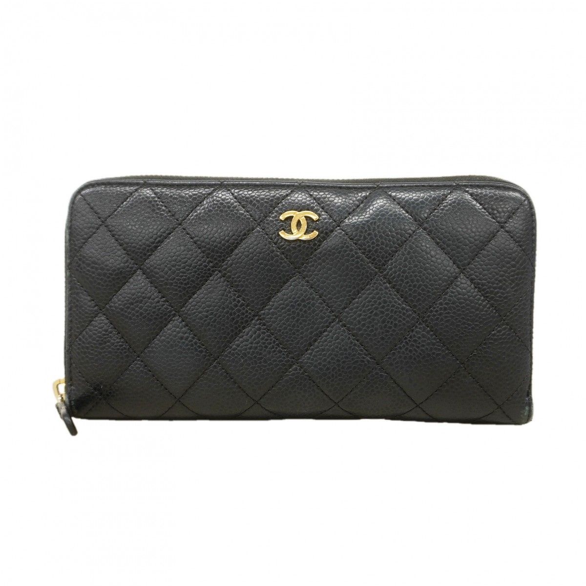 Chanel Wallet Quilted Caviar Leather Black Gold