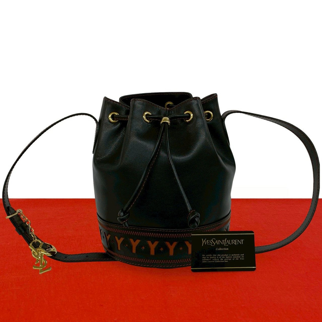 Saint Laurent YSL Logo Cutout Leather Drawstring Shoulder Bag Black Orange