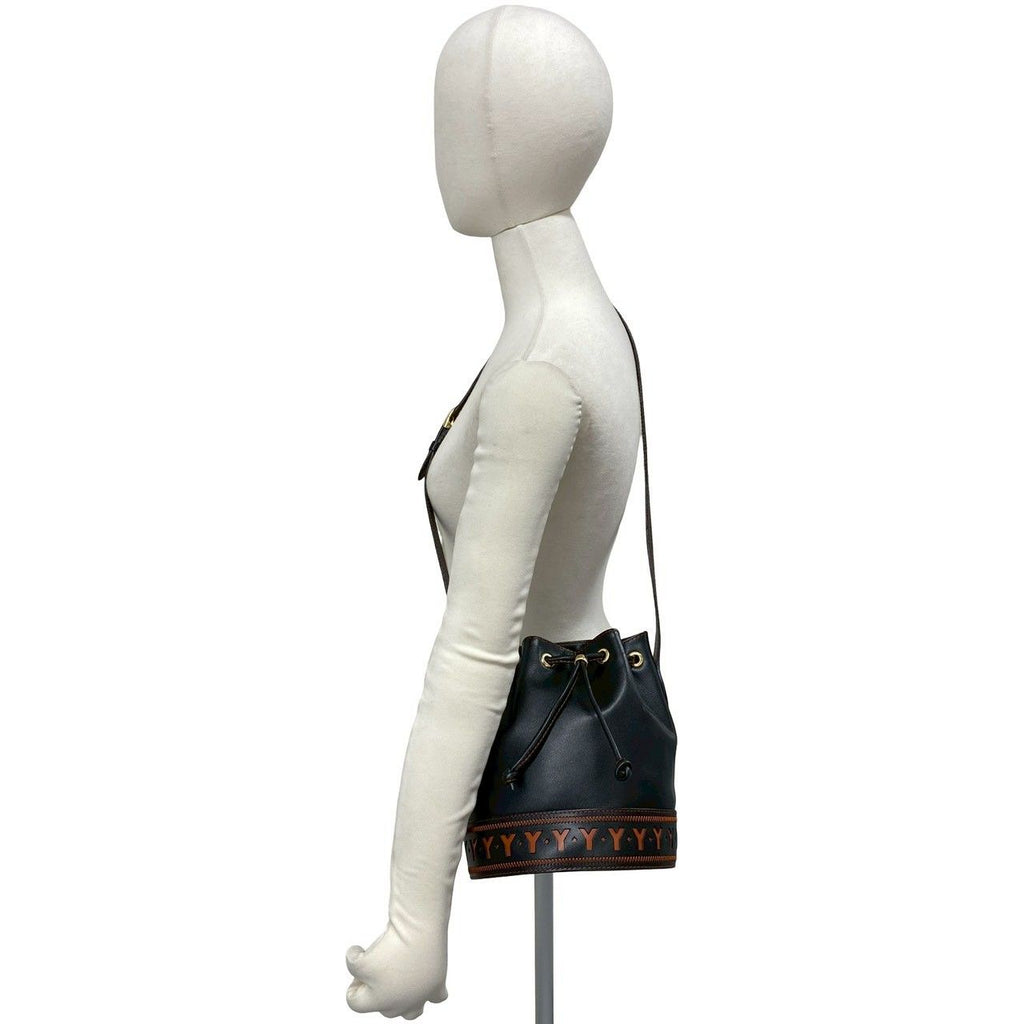 Saint Laurent YSL Logo Cutout Leather Drawstring Shoulder Bag Black Orange — view 2