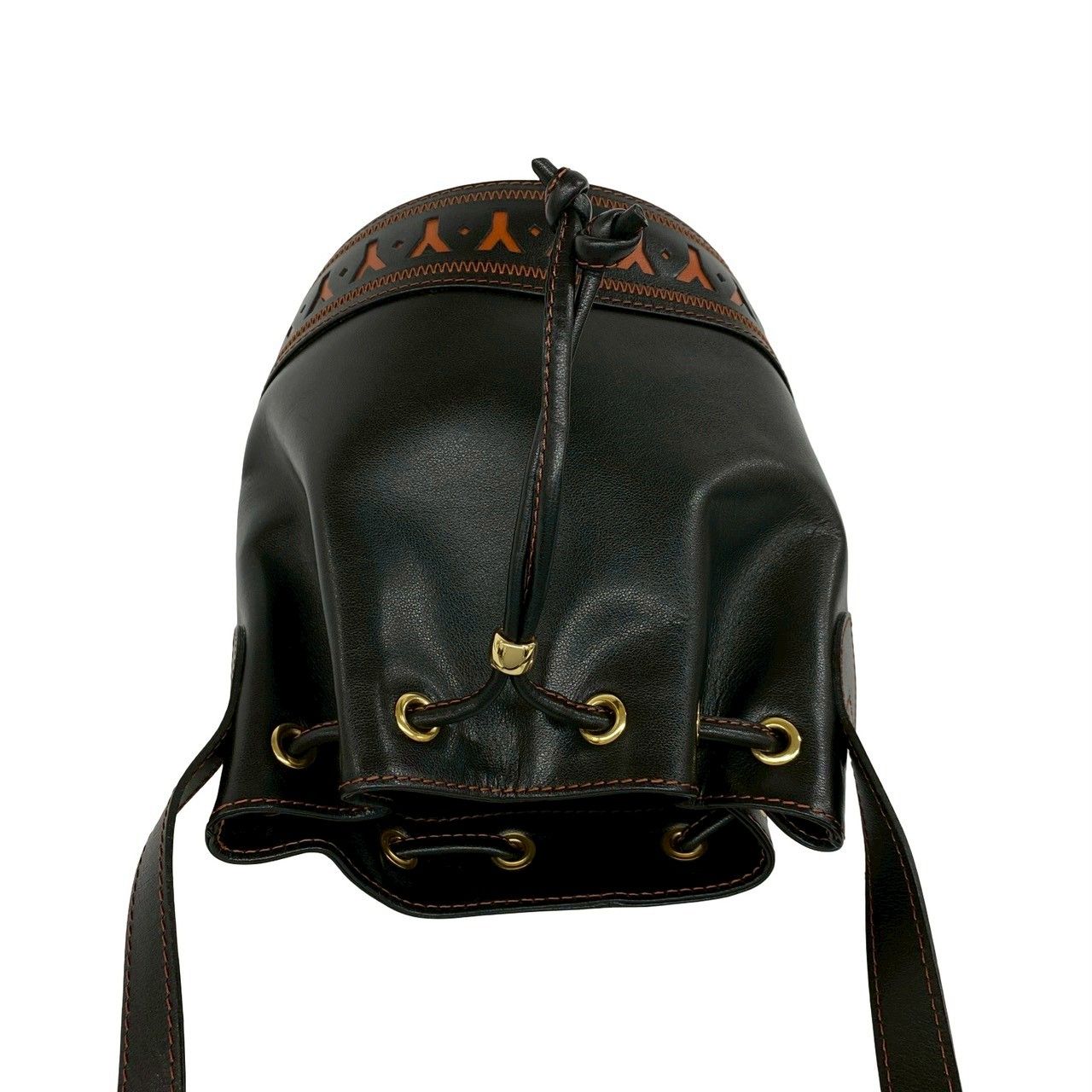 Saint Laurent YSL Logo Cutout Leather Drawstring Shoulder Bag Black Orange — view 4