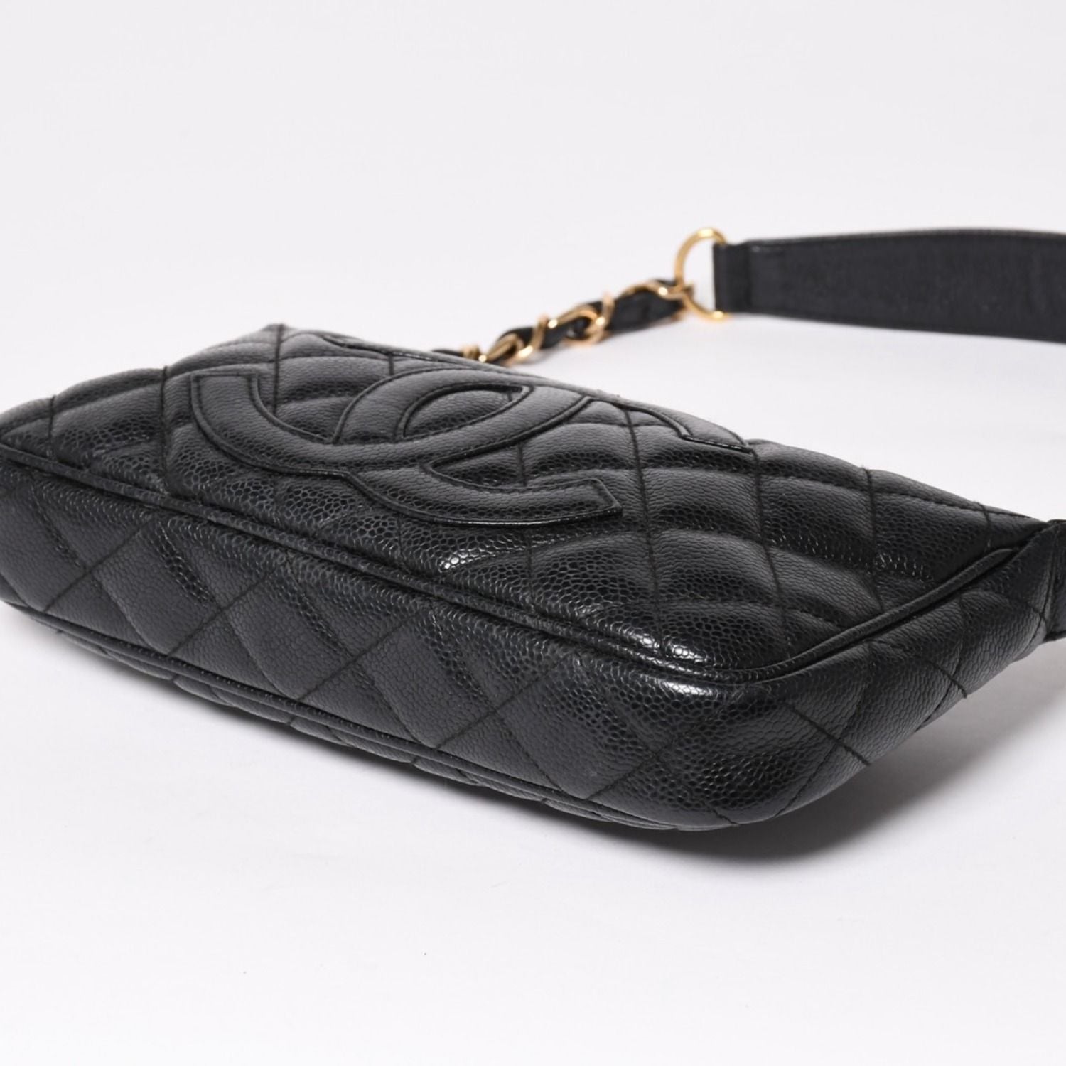 Chanel Chain Shoulder Bag Quilted Caviar Leather CC Logo Black Pouch — view 6