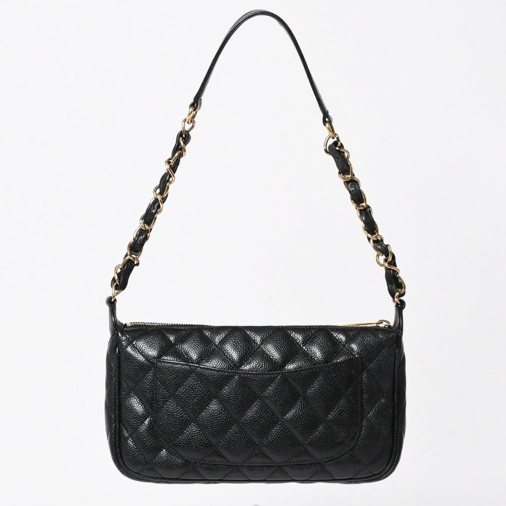 Chanel Chain Shoulder Bag Quilted Caviar Leather CC Logo Black Pouch — view 2