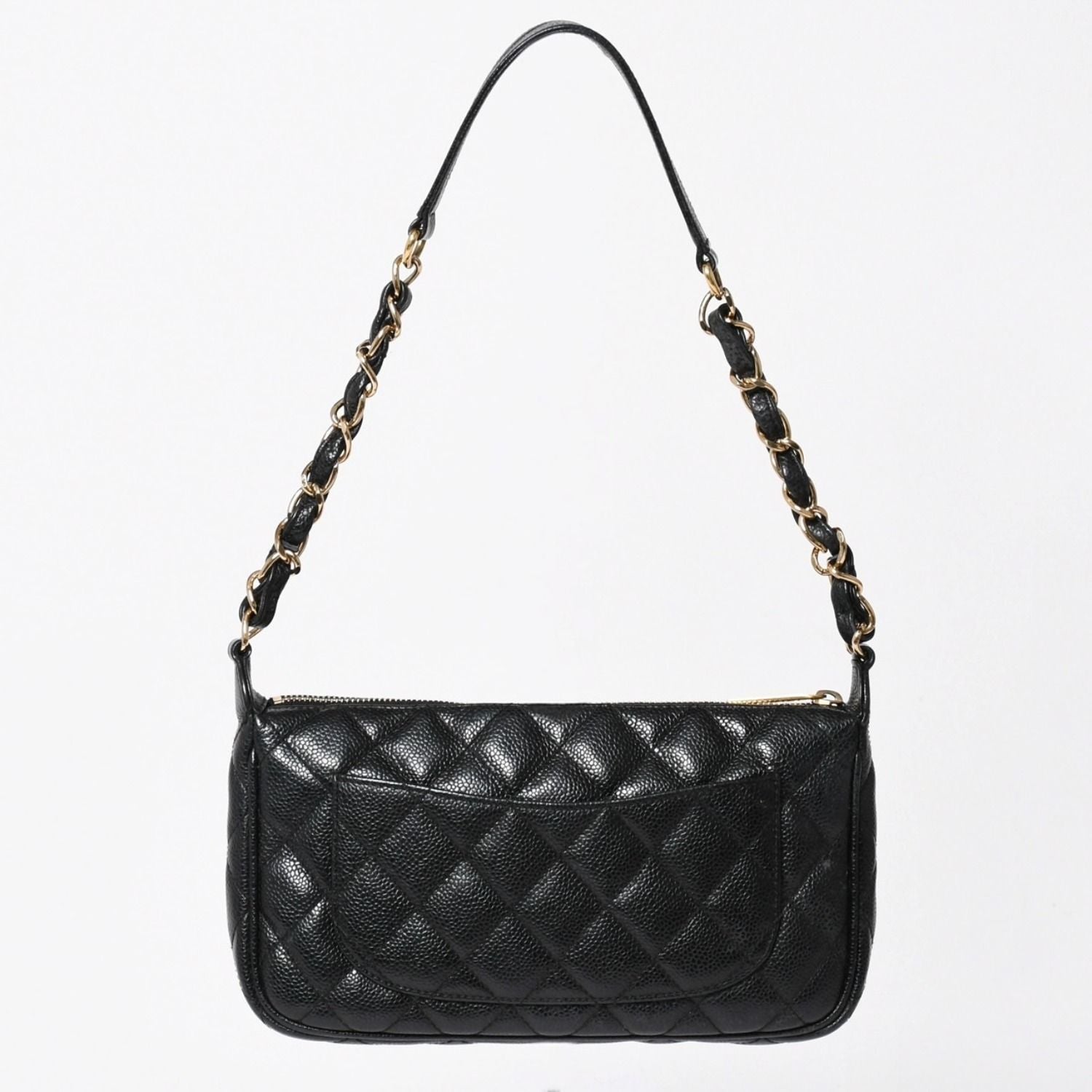 Chanel Chain Shoulder Bag Quilted Caviar Leather CC Logo Black Pouch — view 2