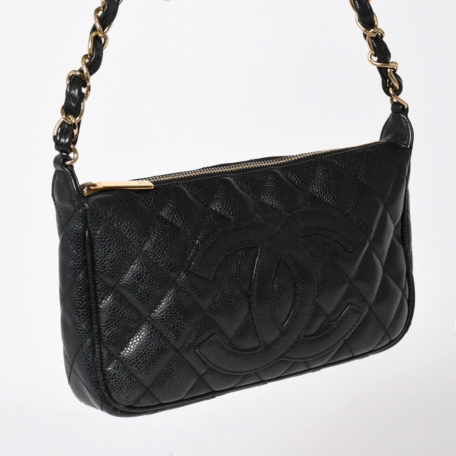 Chanel Chain Shoulder Bag Quilted Caviar Leather CC Logo Black Pouch — view 3