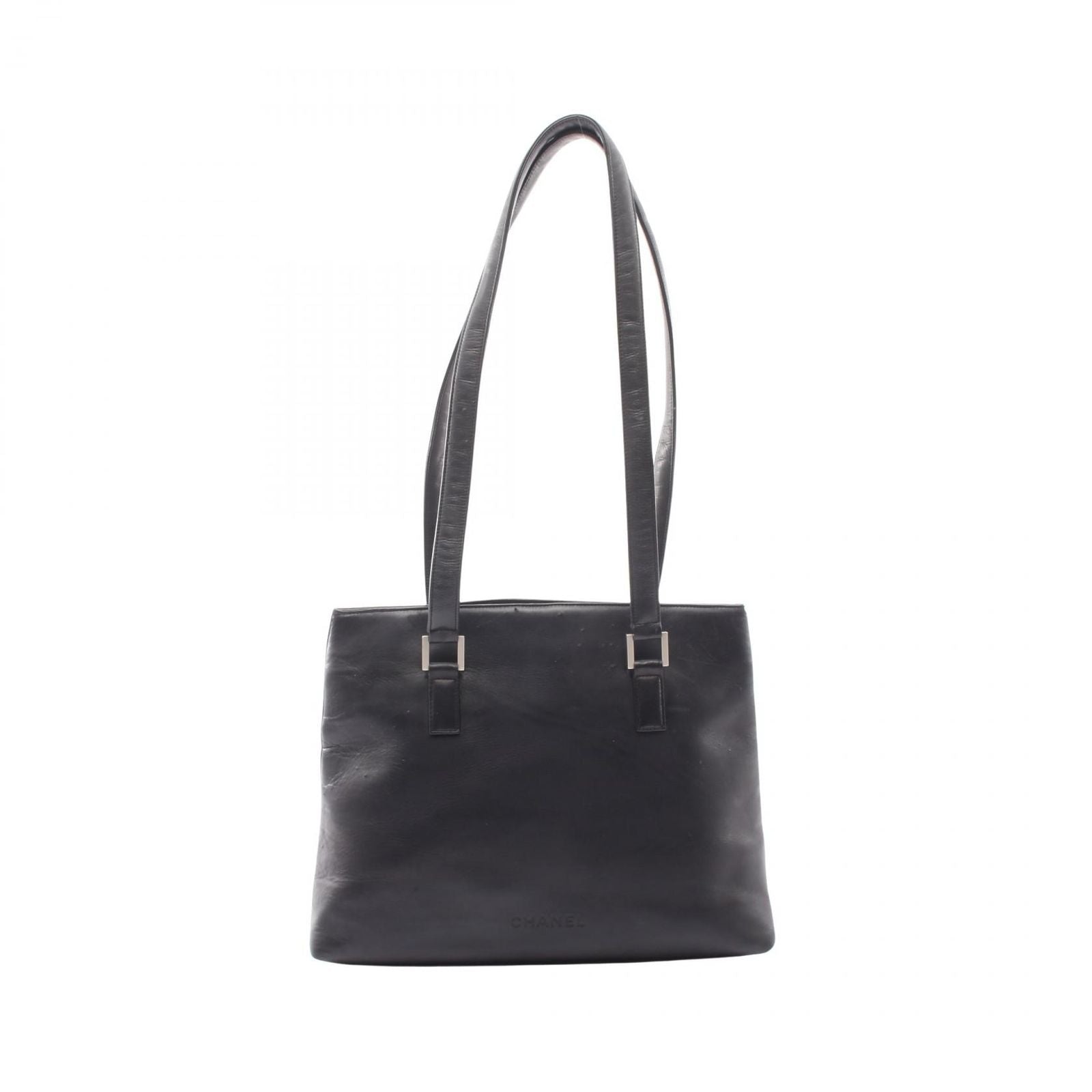 Chanel Shoulder Bag Embossed Logo Black Lambskin