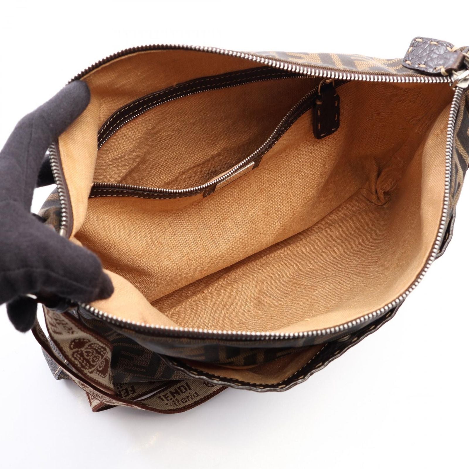 Fendi Shoulder Bag Selleria Zucca Brown Dark Canvas Leather — view 3
