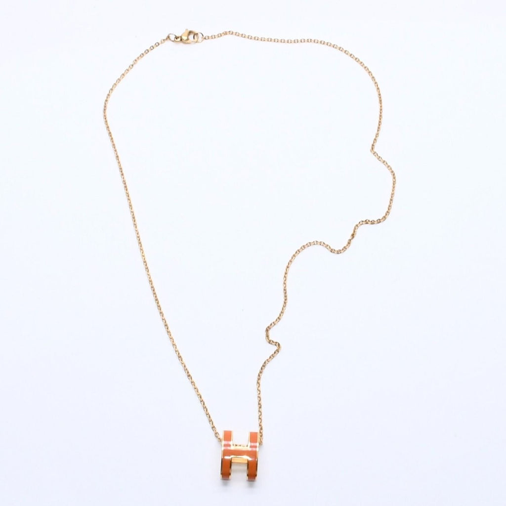 Hermes Pop H Necklace Orange Lacquer Oval Forme Brass Gold Pendant