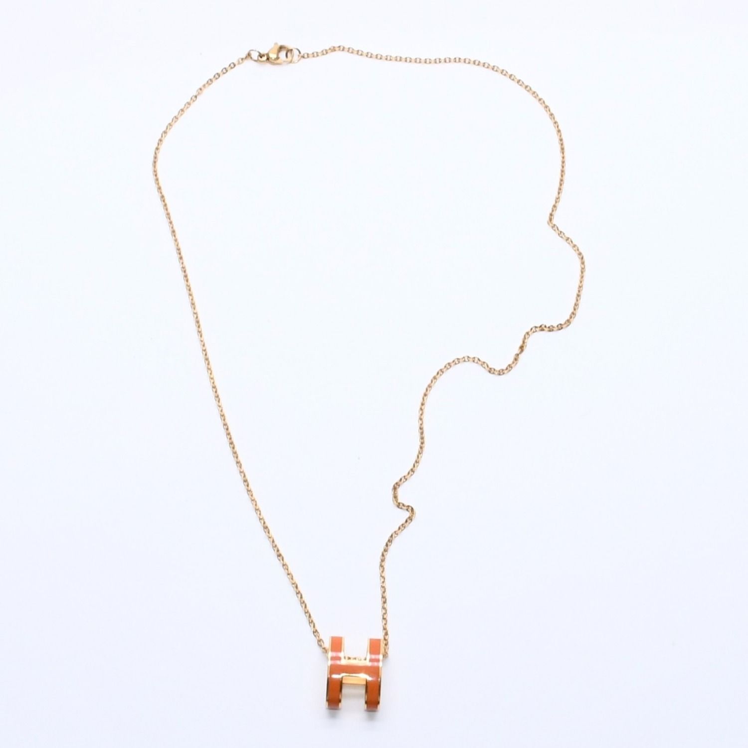 Hermes Pop H Necklace Orange Lacquer Oval Forme Brass Gold Pendant