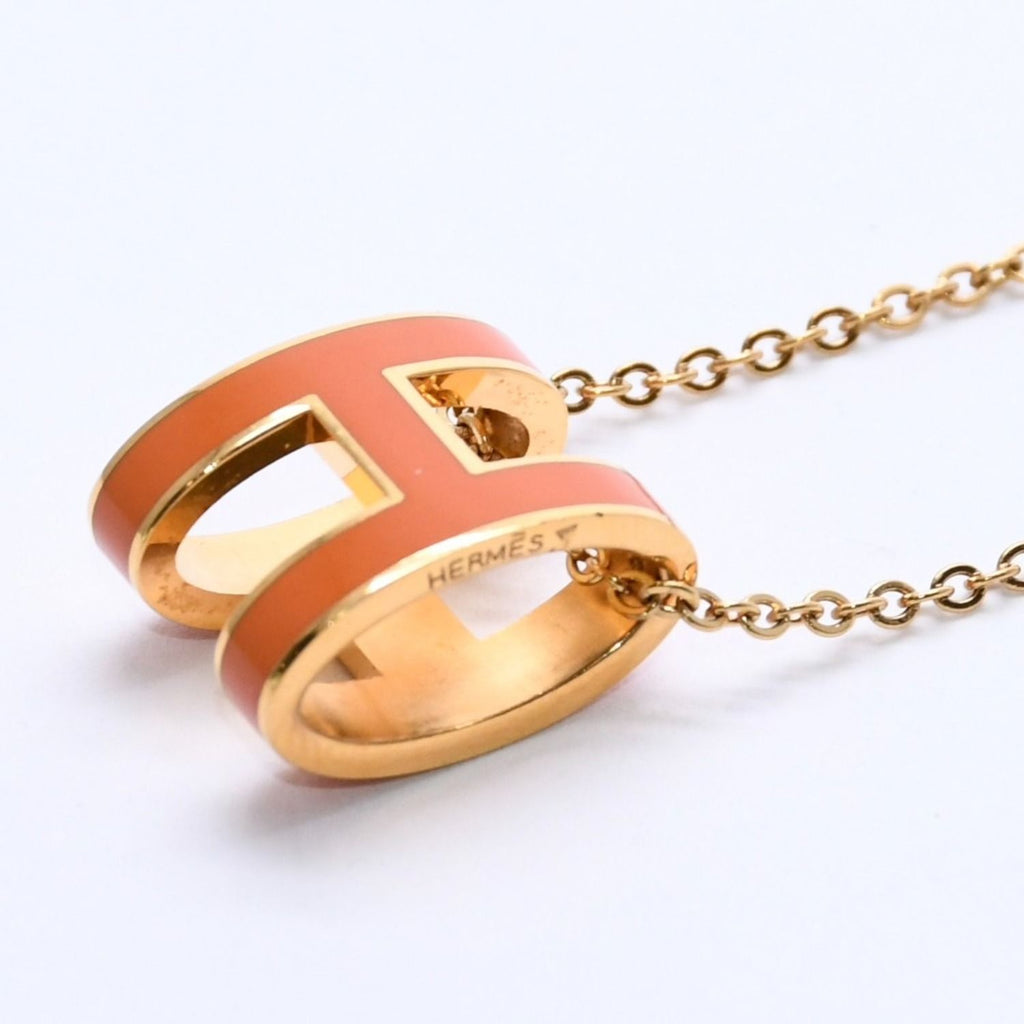 Hermes Pop H Necklace Orange Lacquer Oval Forme Brass Gold Pendant — view 3