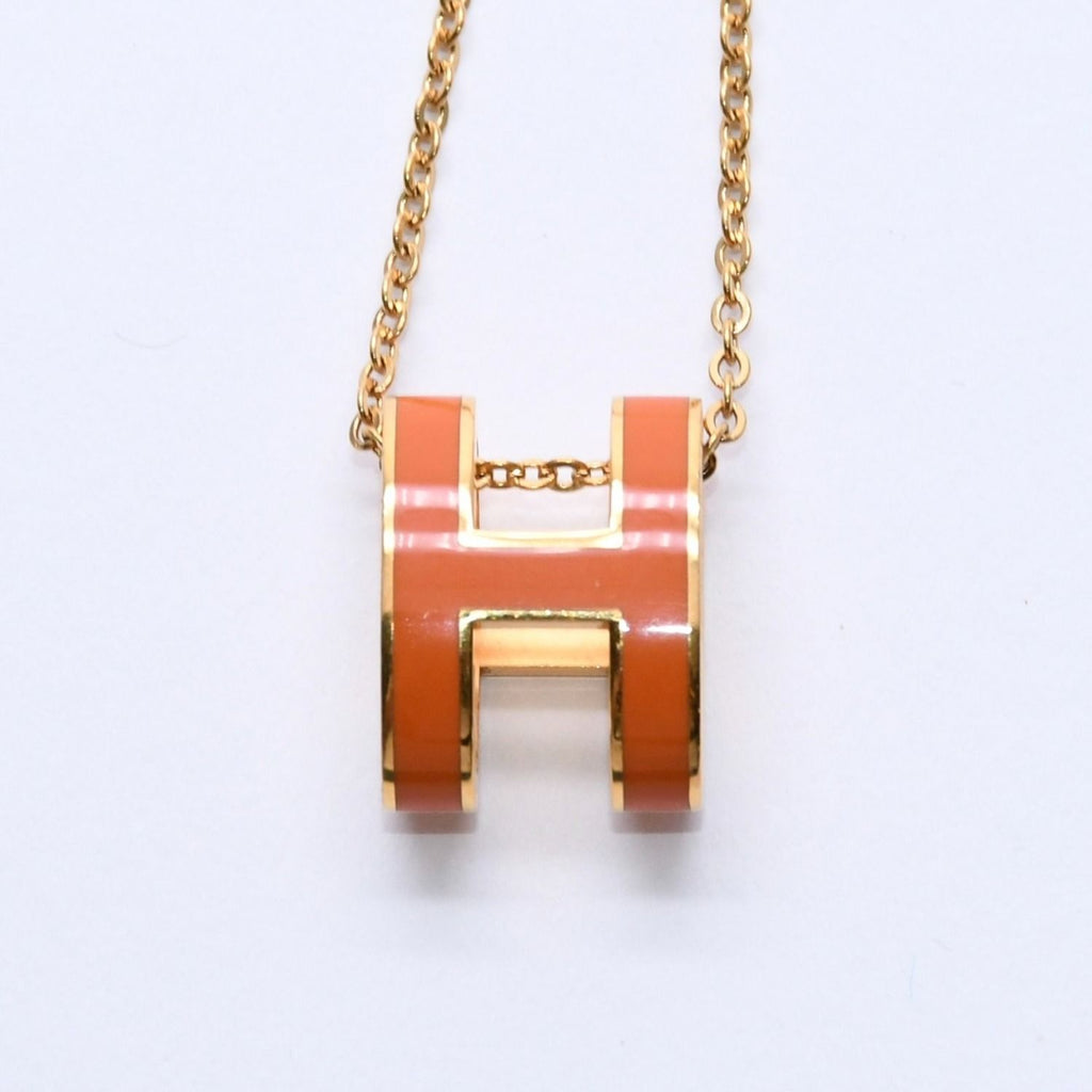 Hermes Pop H Necklace Orange Lacquer Oval Forme Brass Gold Pendant — view 2