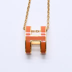 Hermes Pop H Necklace Orange Lacquer Oval Forme Brass Gold Pendant — view 2