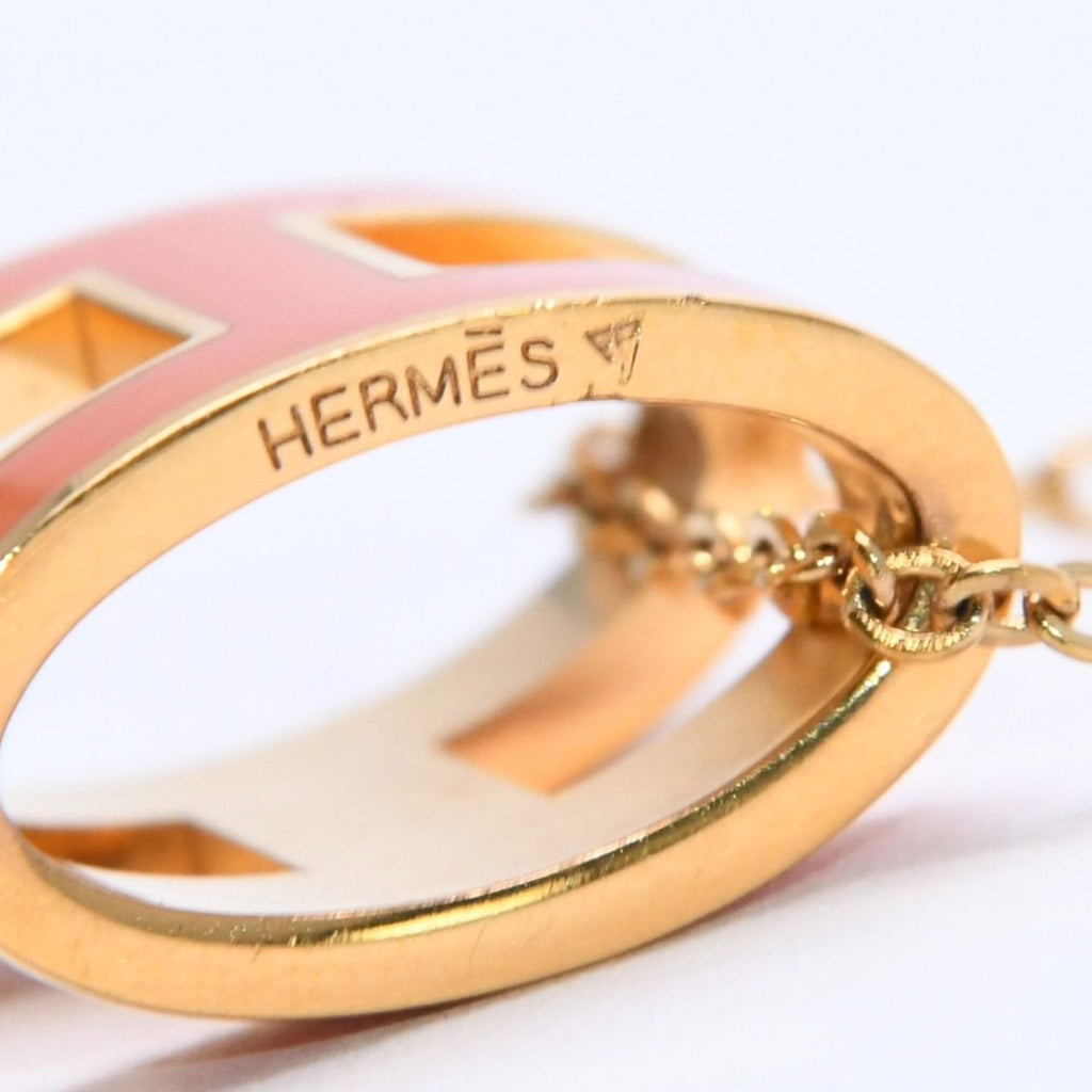 Hermes Pop H Necklace Orange Lacquer Oval Forme Brass Gold Pendant — view 7