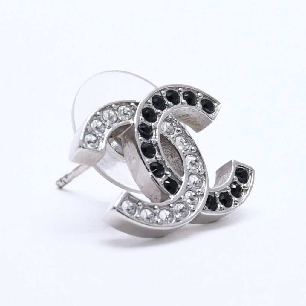 Chanel CC Logo Single Earrings 24 Rhinestone Silver Black Clear — view 3