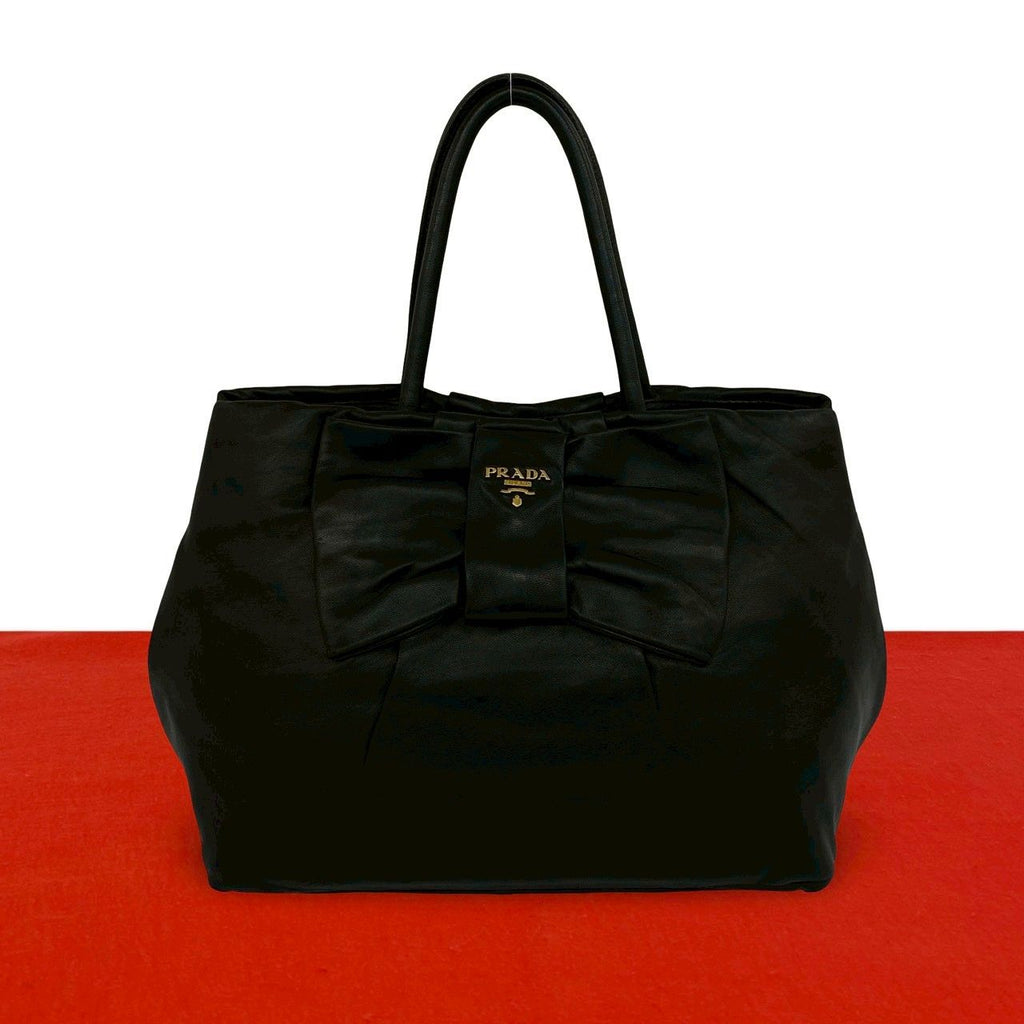 Prada Logo Ribbon Motif Leather Tote Boston Bag Black