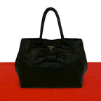 Prada Logo Ribbon Motif Leather Tote Boston Bag Black