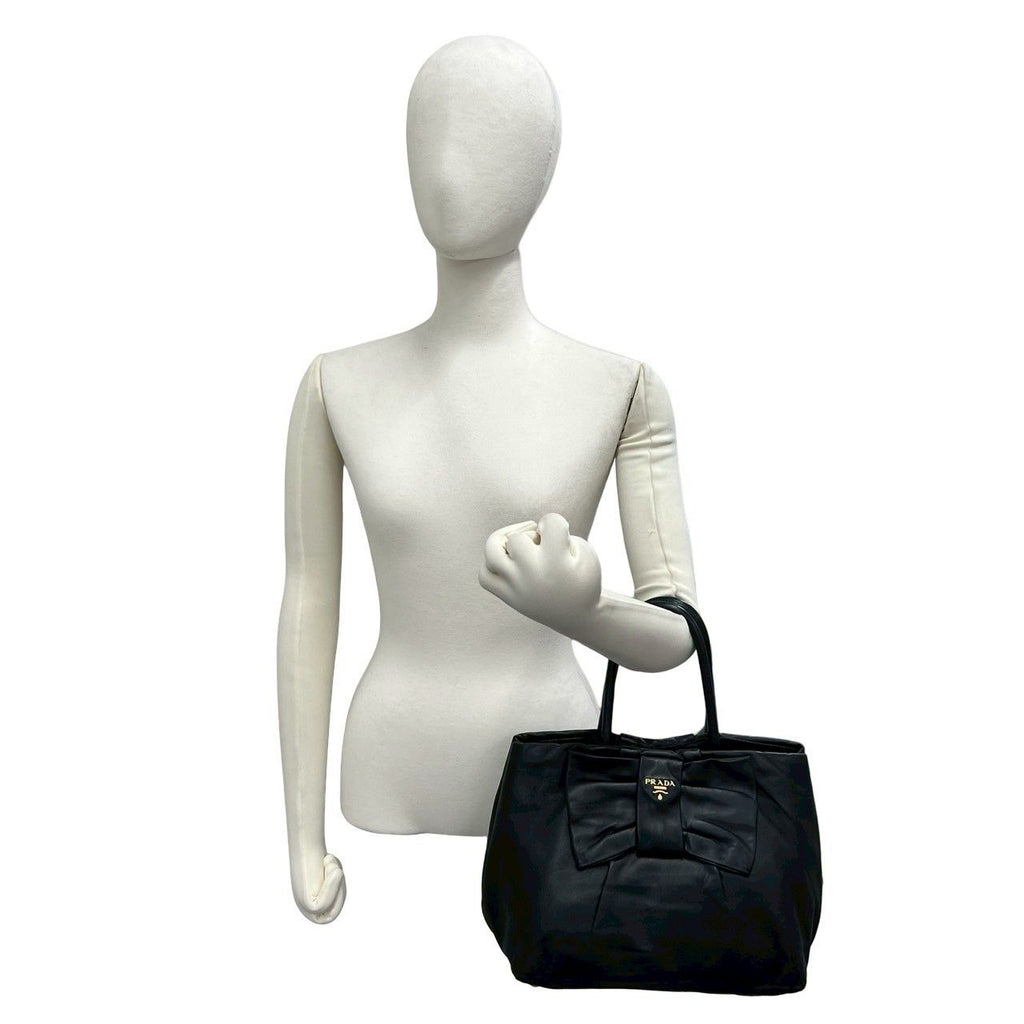 Prada Logo Ribbon Motif Leather Tote Boston Bag Black — view 2