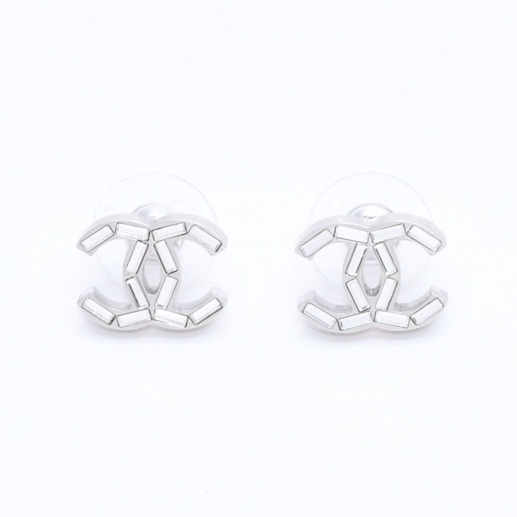 Chanel CC Logo Earrings 11 Rhinestone Metal Silver Clear
