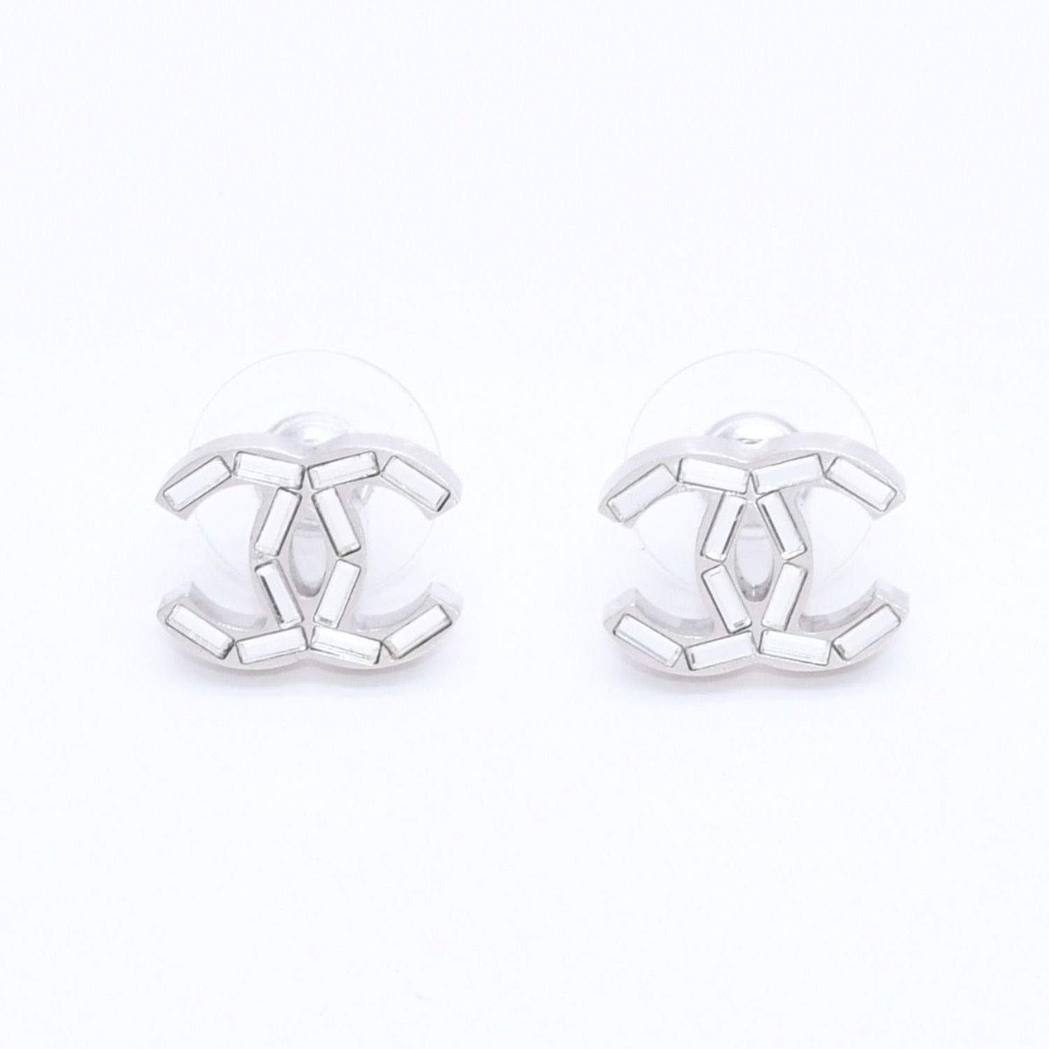 Chanel CC Logo Earrings 11 Rhinestone Metal Silver Clear