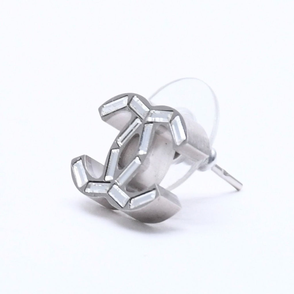 Chanel CC Logo Earrings 11 Rhinestone Metal Silver Clear — view 2