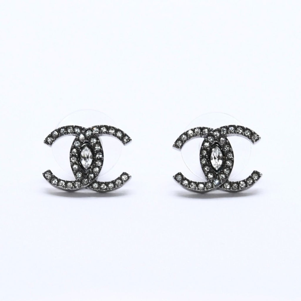 Chanel CC Logo Earrings 21 Rhinestone Metal Gunmetal Clear