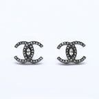 Chanel CC Logo Earrings 21 Rhinestone Metal Gunmetal Clear