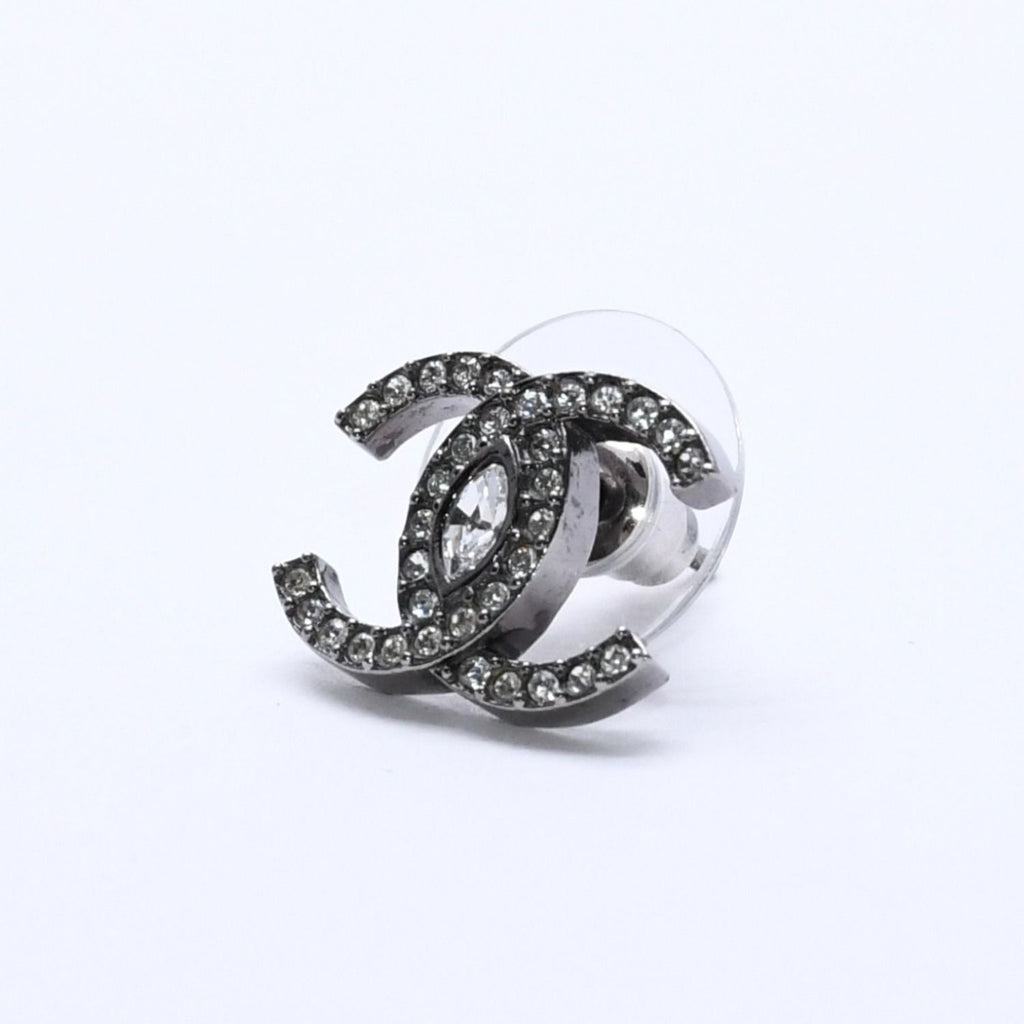 Chanel CC Logo Earrings 21 Rhinestone Metal Gunmetal Clear — view 2