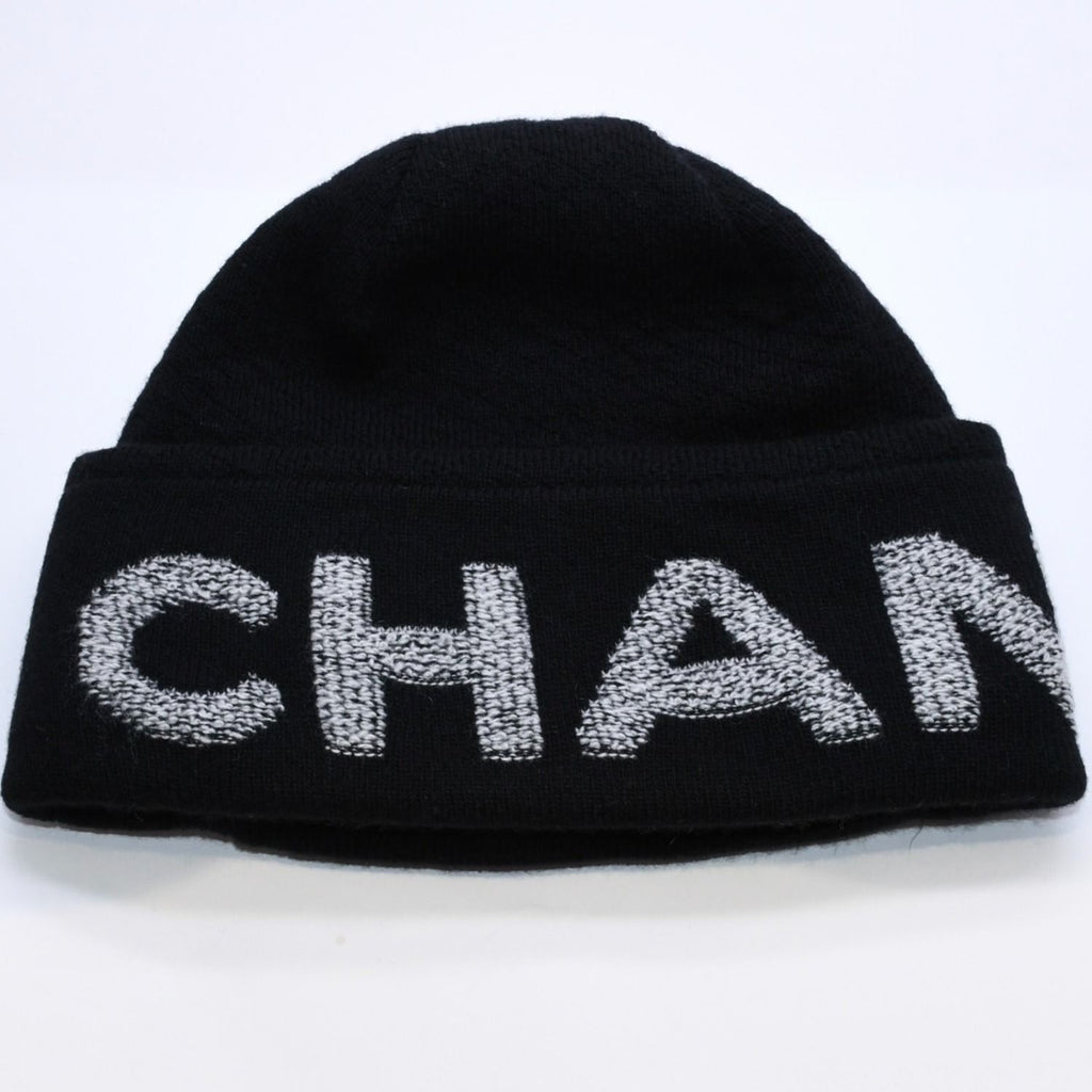 Chanel Beanie Knit Cap Black White Wool Cashmere $AP Bari Model Worn Hat