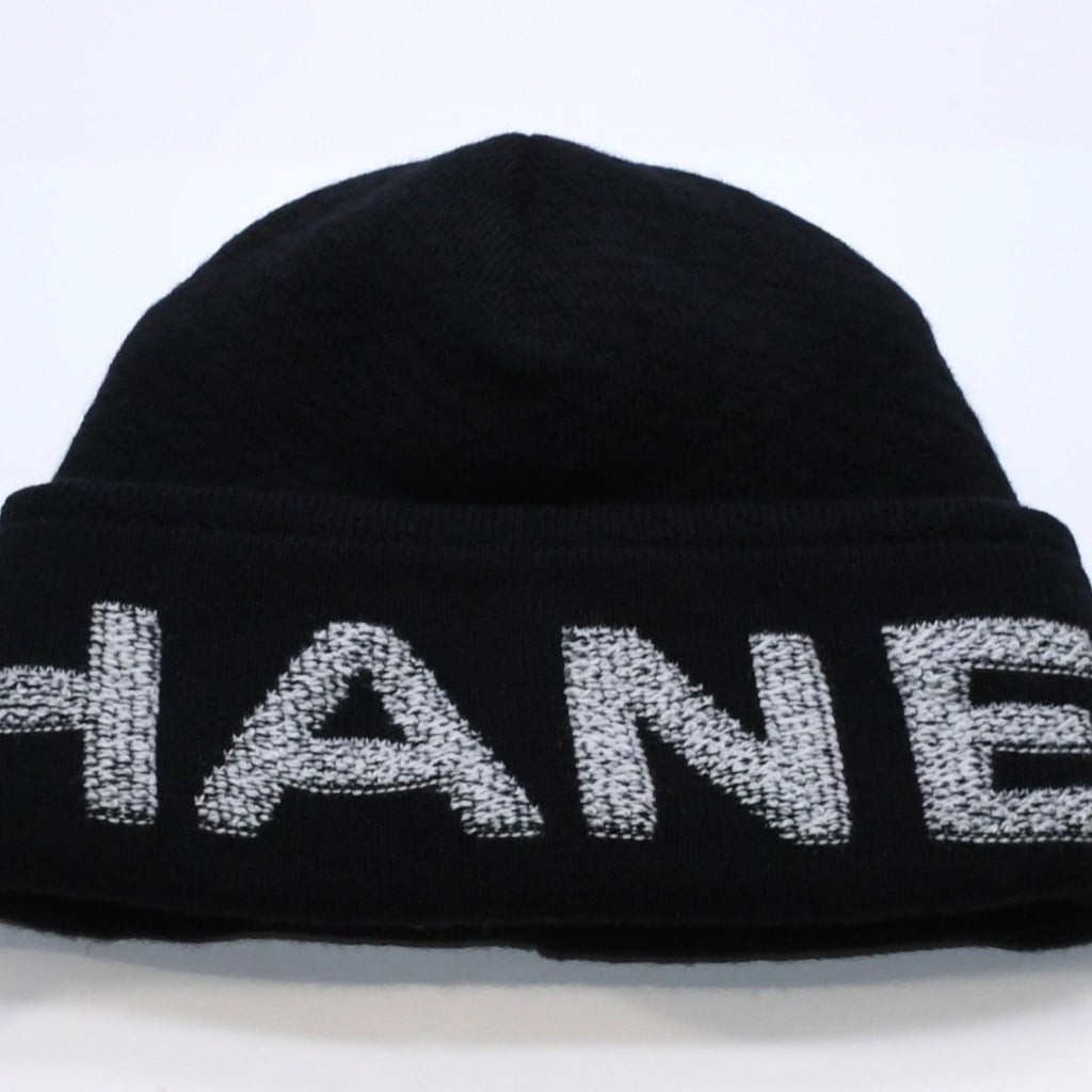 Chanel Beanie Knit Cap Black White Wool Cashmere $AP Bari Model Worn Hat — view 3