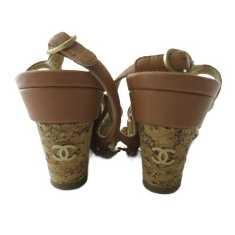 Chanel Sandals Camellia Motif CC Logo Cork Wedge Sole Shoes Brown — view 3